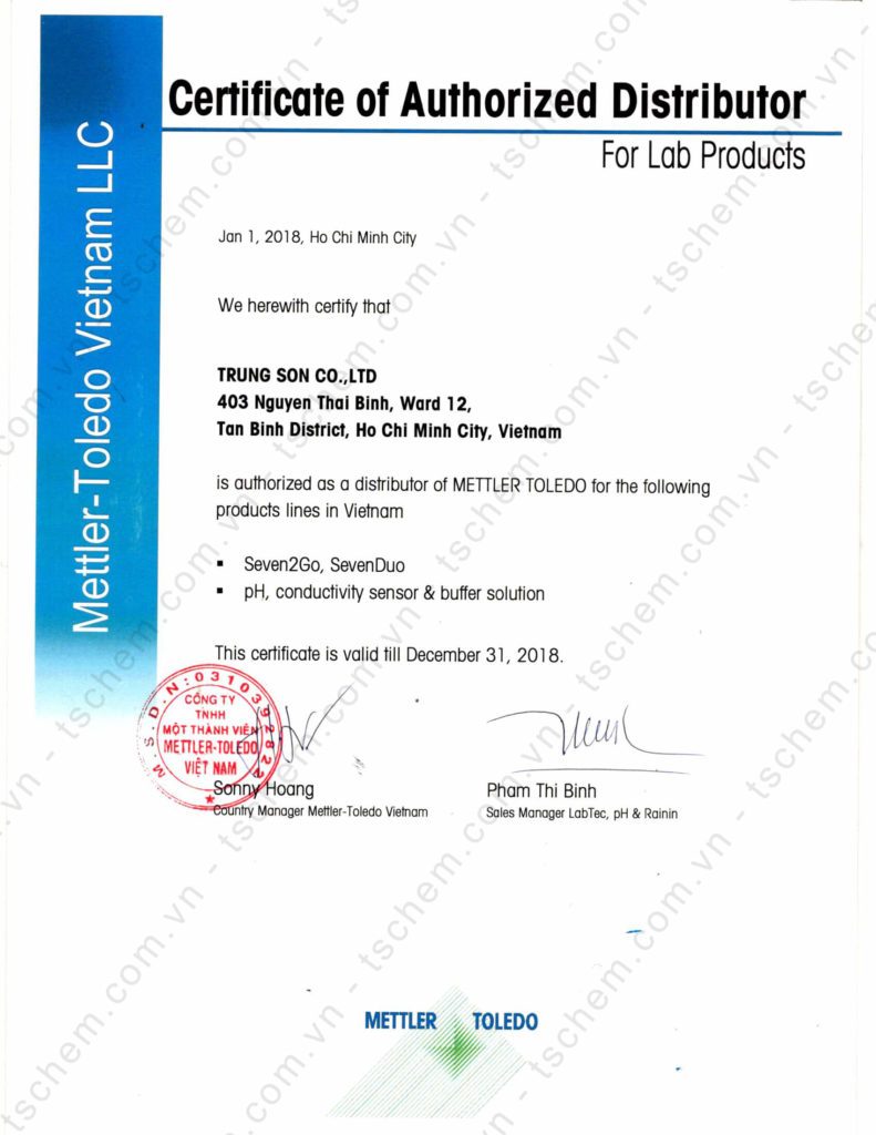 Mettler Toledo - Giay chung nhan dai ly Trung Son