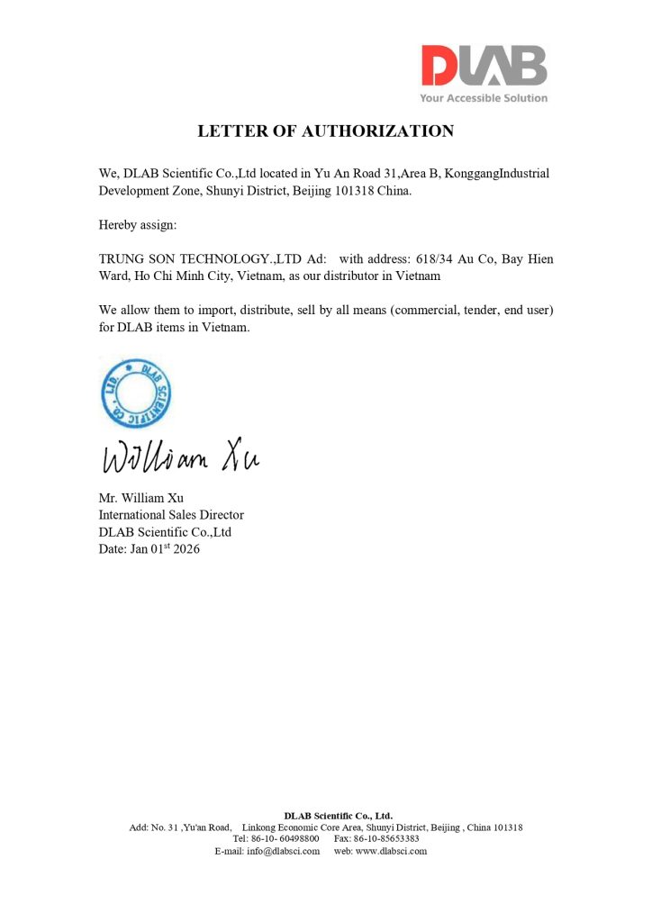 Thư ủy quyền từ DLAB Scientific Co., Ltd xác nhận TSLABS là đơn vị phân phối thiết bị DLAB tại thị trường Việt Nam.