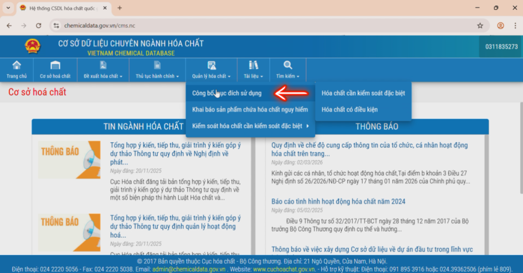 Bước 1: vào mục Công bố quản lý hóa chất và chọn Công bố mục đích sử dụng